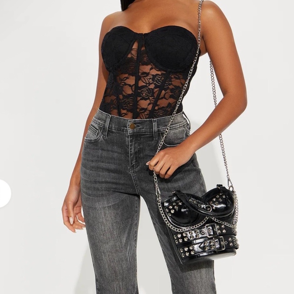 Fashion Nova Heart Throb Black Studded Corset Chain-Accent Shoulder Bag w/ Chain - Picture 8 of 13
